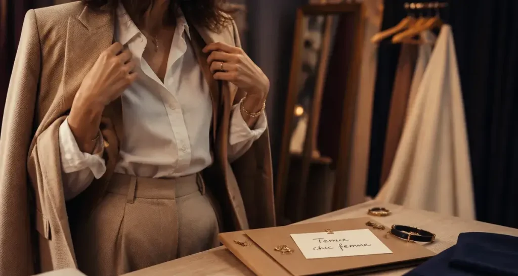 Tenue chic femme : blazer beige et chemise blanche
