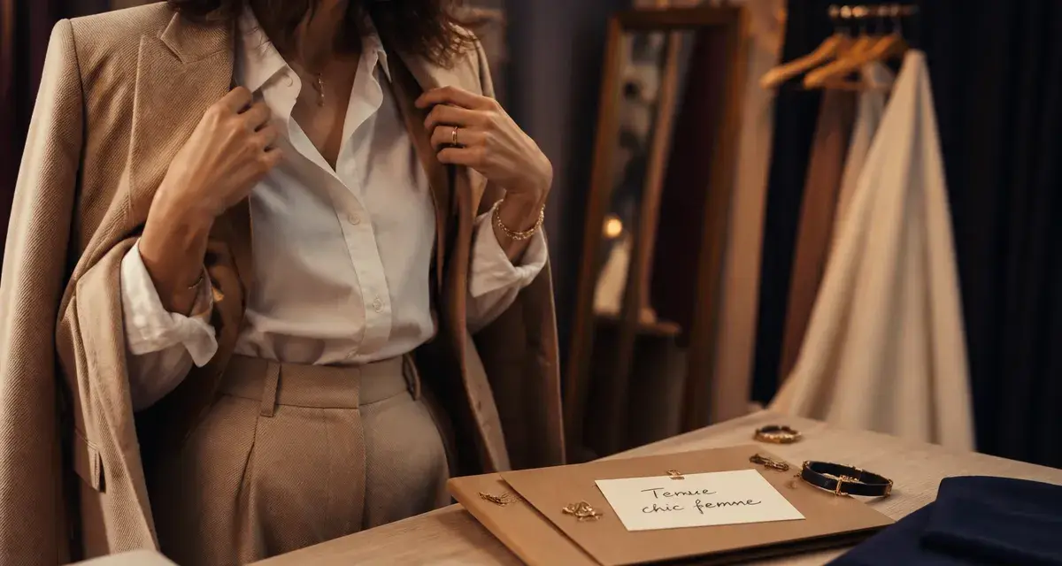 Tenue chic femme : blazer beige et chemise blanche