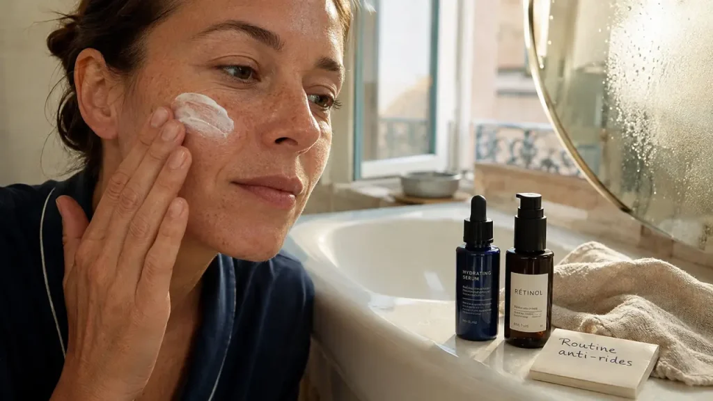 Visage sans rides : application SPF 50 sur le visage en salle de bain