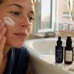 Visage sans rides : application SPF 50 sur le visage en salle de bain