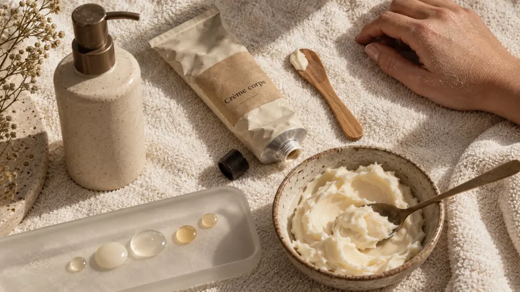 Crème corps : crème hydratante peau sèche, flacon et tube