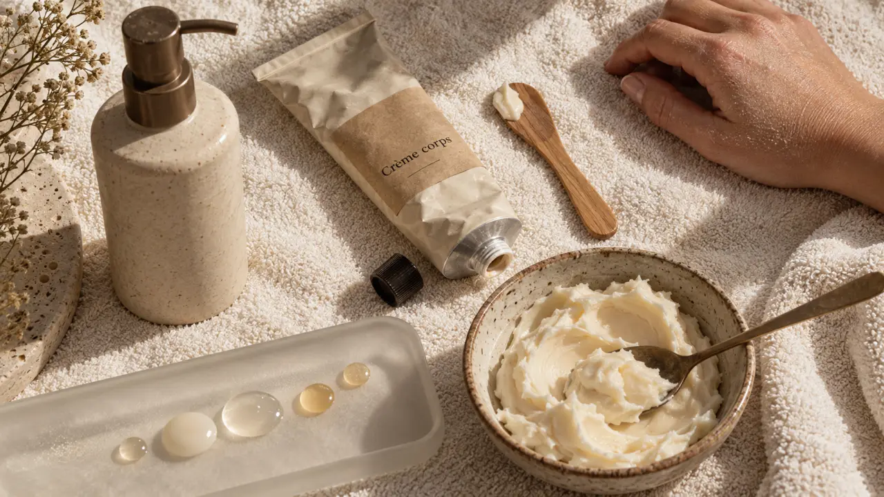 Crème corps : crème hydratante peau sèche, flacon et tube