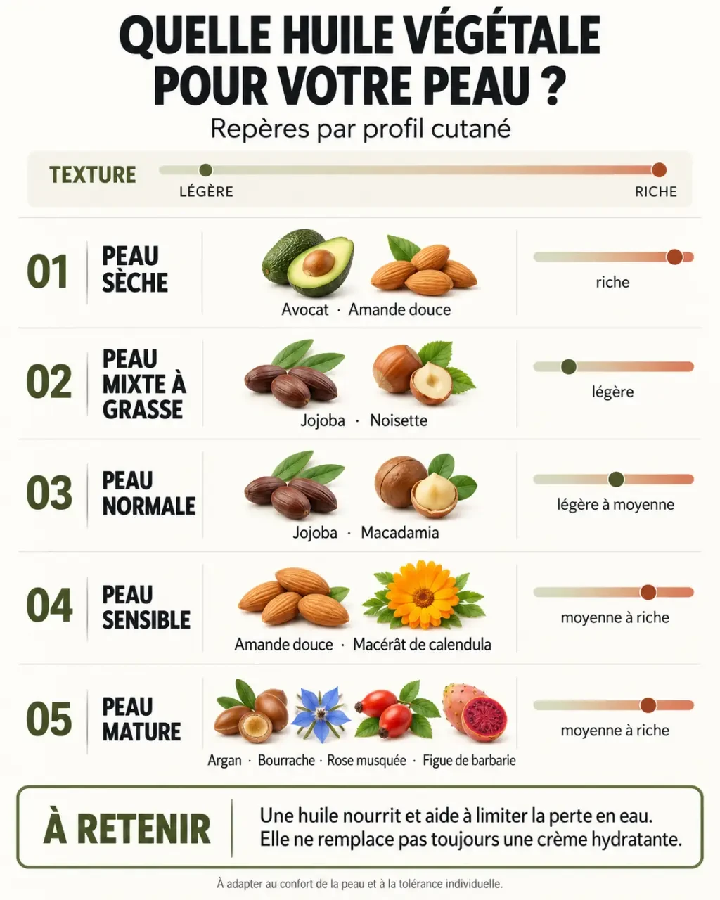 Infographie sur l’huile végétale pour la peau selon le type de peau et les besoins