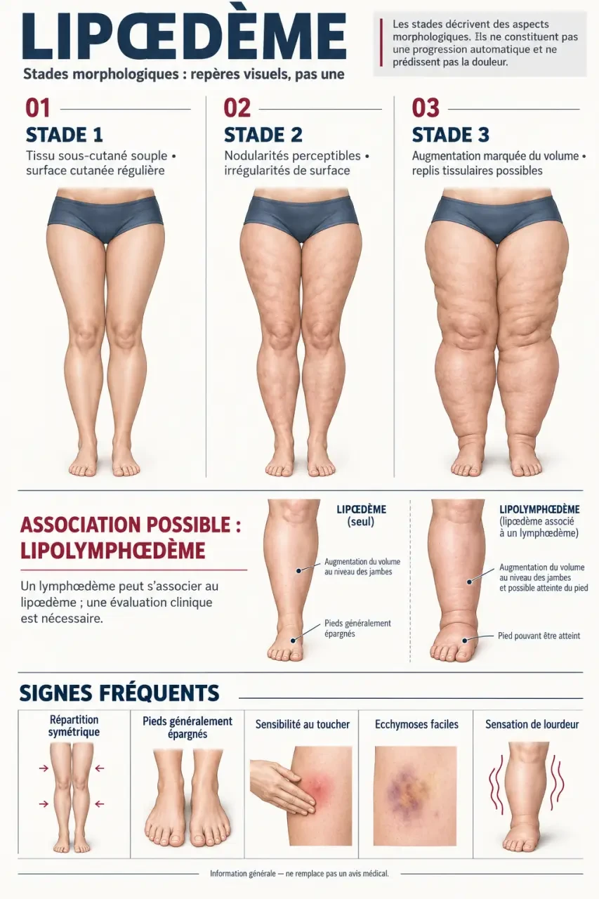 Infographie sur le lipœdème traitement et les différents stades morphologiques
