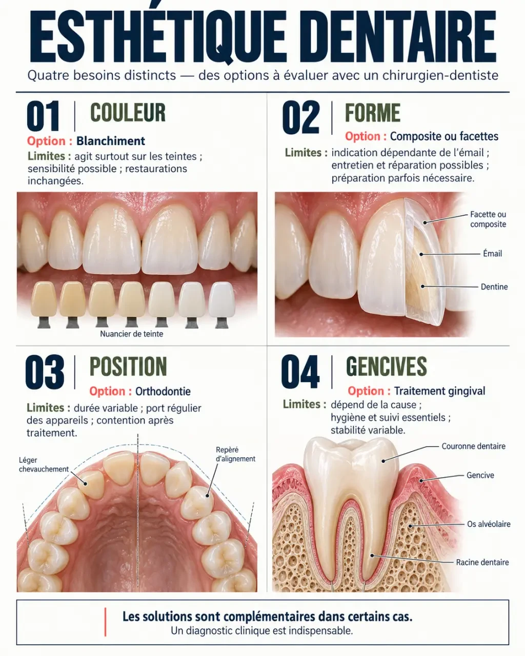 Infographie comparative des traitements d’esthétique dentaire selon la couleur, la forme, la position et les gencives