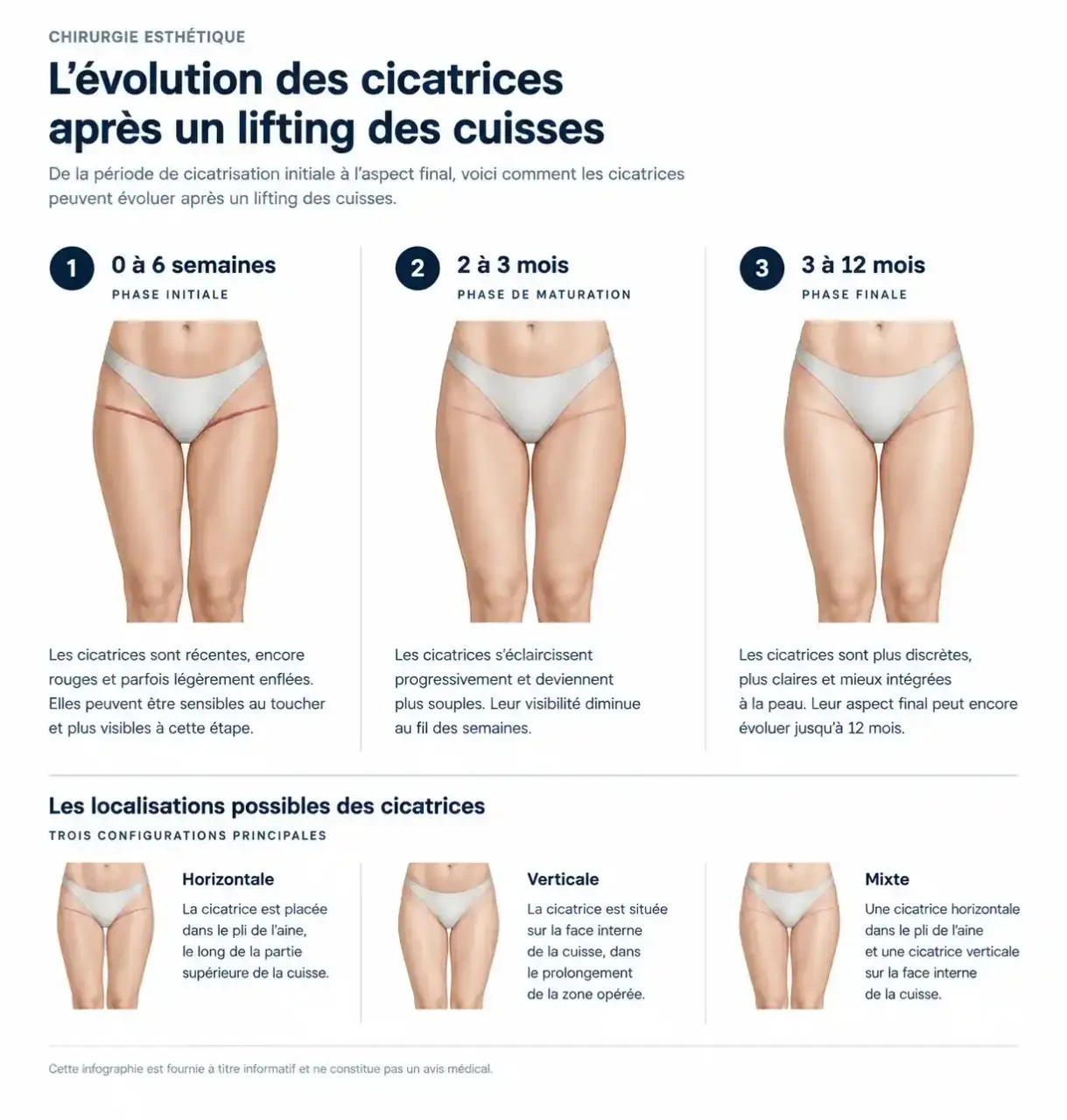 Lifting des cuisses : schéma de l’évolution des cicatrices de 0 à 12 mois selon la technique