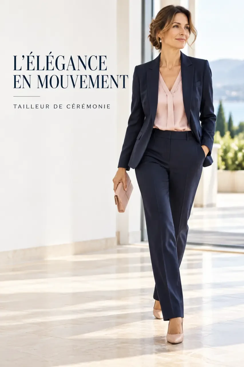 Mère de la mariée portant un tailleur-pantalon bleu marine avec blouse et accessoires élégants