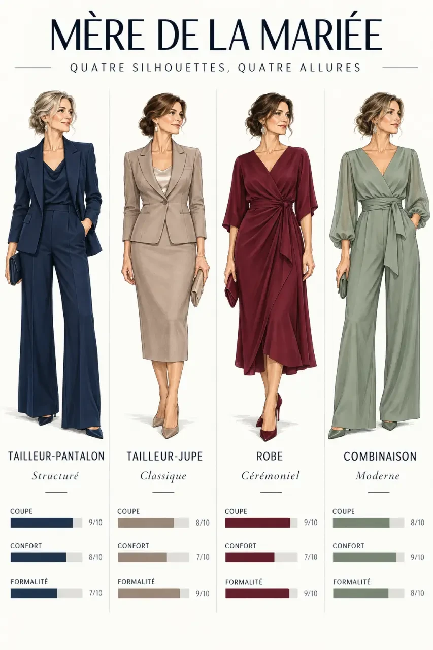 Tailleur mère de mariée comparé à une robe, un tailleur-jupe et une combinaison