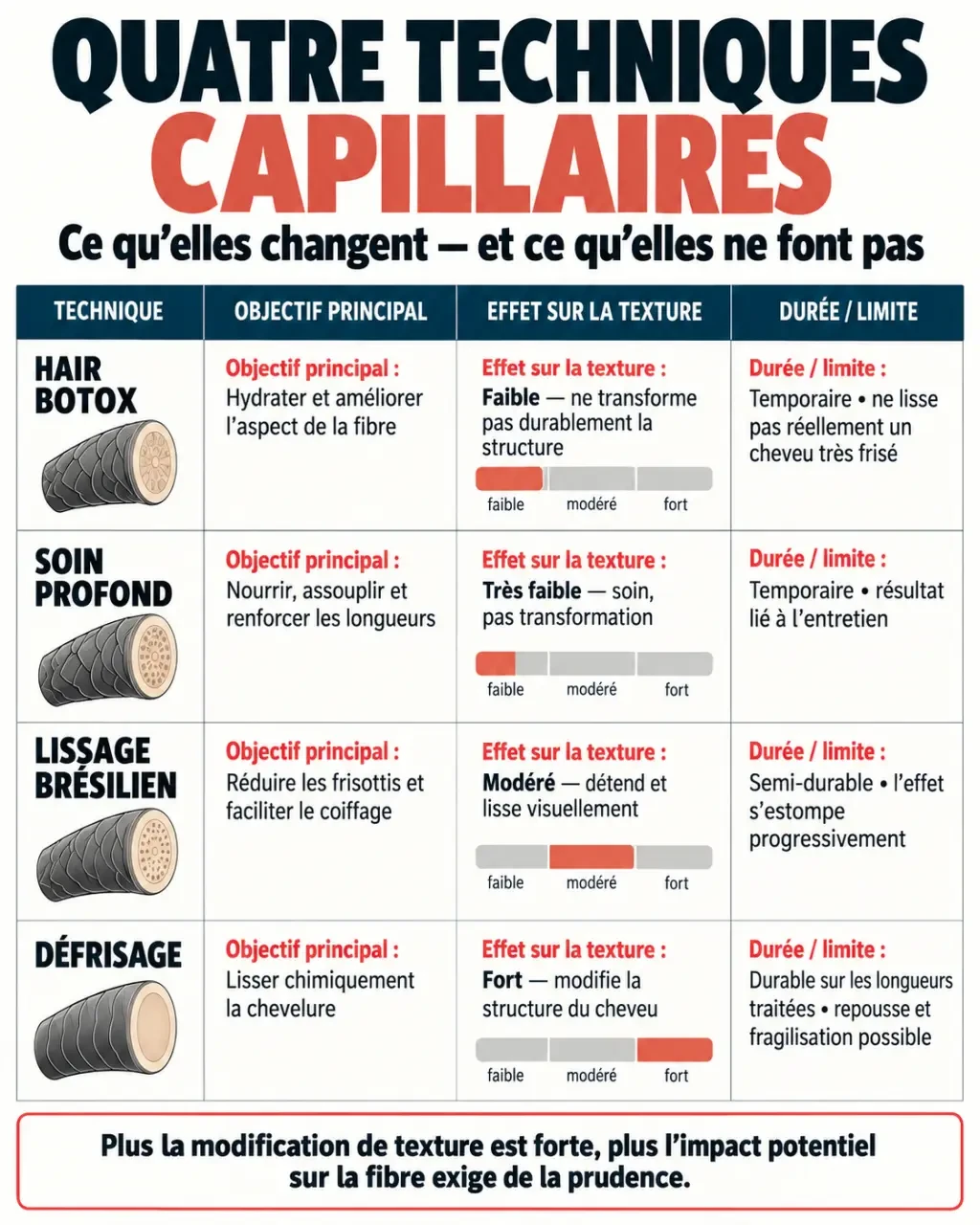 Infographie comparative Hair Botox, soin profond, lissage brésilien et défrisage
