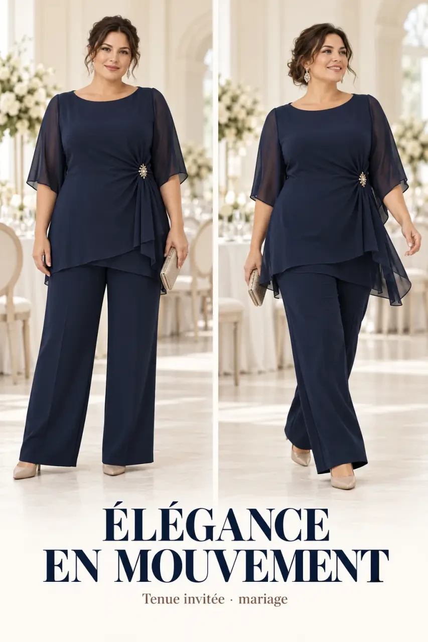Femme portant un ensemble pantalon tunique pour mariage grande taille avec une coupe confortable