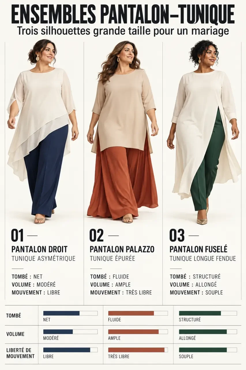 Infographie des trois associations d’un ensemble pantalon tunique pour mariage grande taille