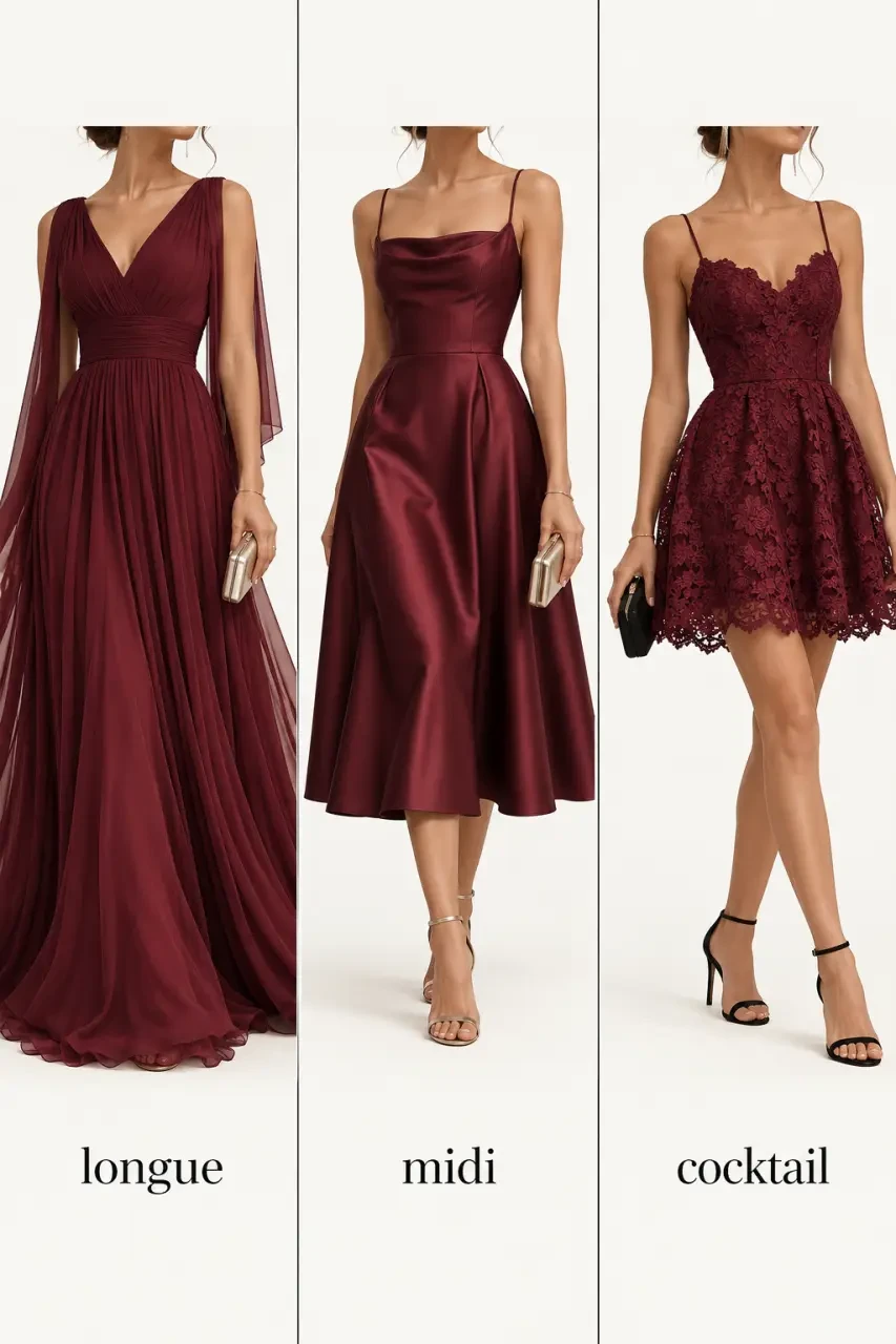 Robe bordeaux pour mariage longue, midi et cocktail selon le niveau de formalité