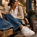 Look casual femme : chemisier ample, jean droit et baskets blanches