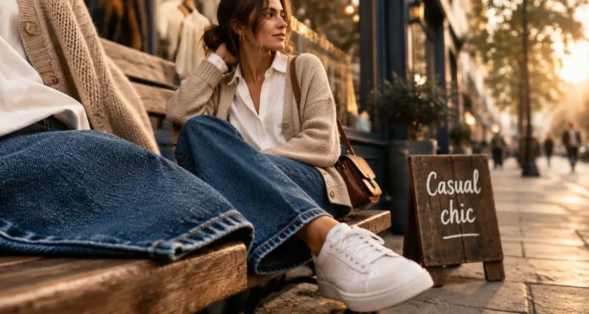 Look casual femme : chemisier ample, jean droit et baskets blanches