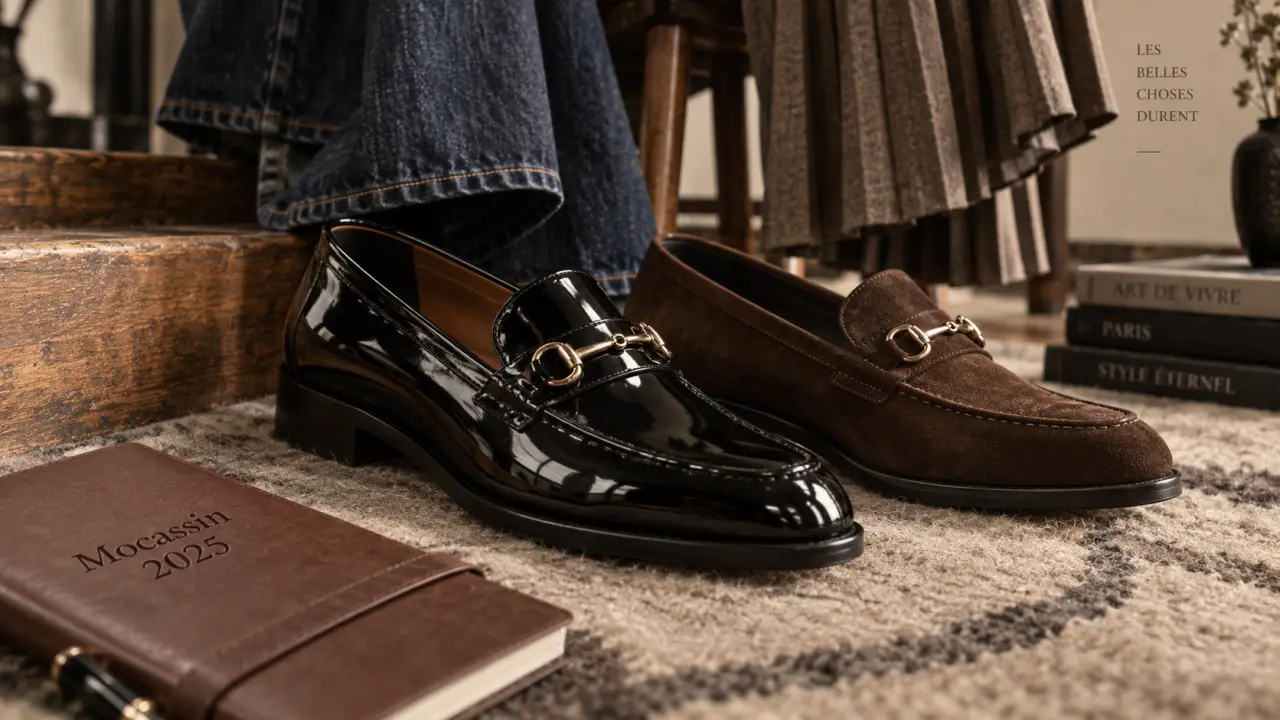 Mocassin femme tendance 2025 : mocassin cuir verni semelle épaisse, noir et chocolat