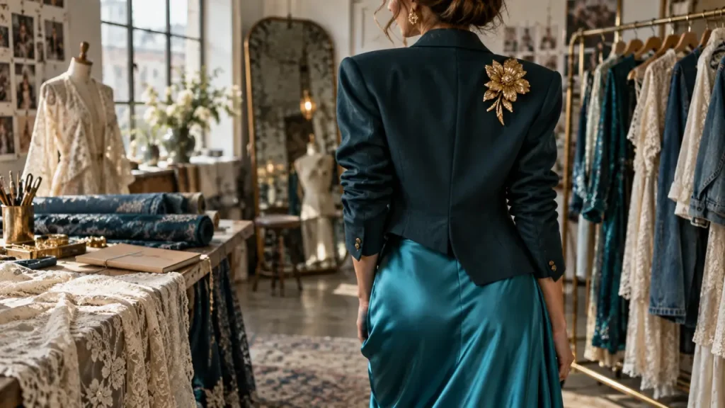 Mode 2026 : blazer turquoise, broche XXL dorée et volumes mode