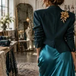 Mode 2026 : blazer turquoise, broche XXL dorée et volumes mode