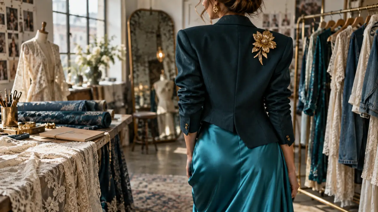 Mode 2026 : blazer turquoise, broche XXL dorée et volumes mode