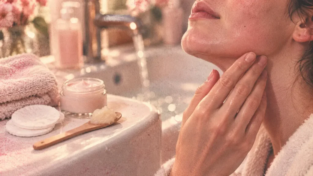 Nettoyage de la peau en profondeur : main et coton, peau rosée et pores visibles
