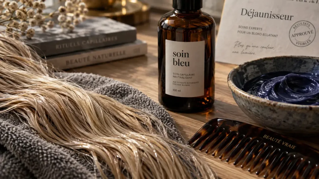Soin bleu cheveux : flacon bleu et mèche déjaunie sur table