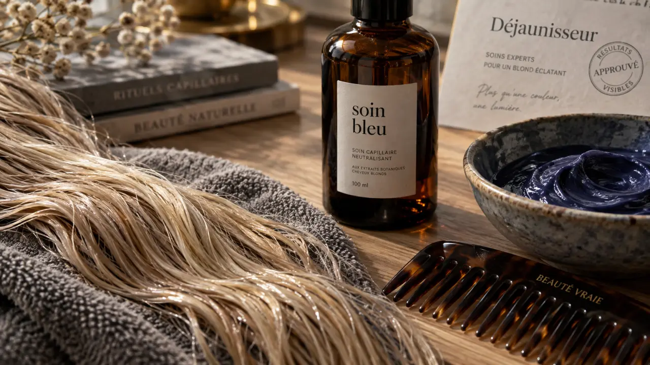 Soin bleu cheveux : flacon bleu et mèche déjaunie sur table