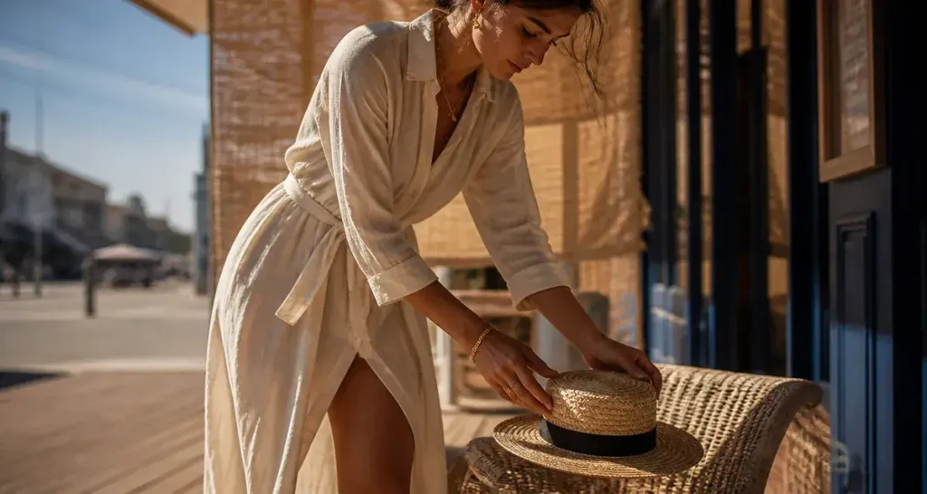 Tenue legere femme : robe en lin ivoire, chapeau en paille
